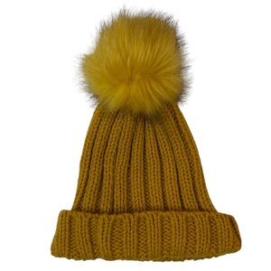 Mustard Yellow Knit Beanie with Faux Fur Pom Chunky Ribbed Winter Hat
